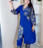 Royal Blue Floral Printed Women's Kurti Pant Set 2-pics