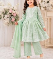 Girls Mint Green Cotton Block Print Three Piece Dress Set